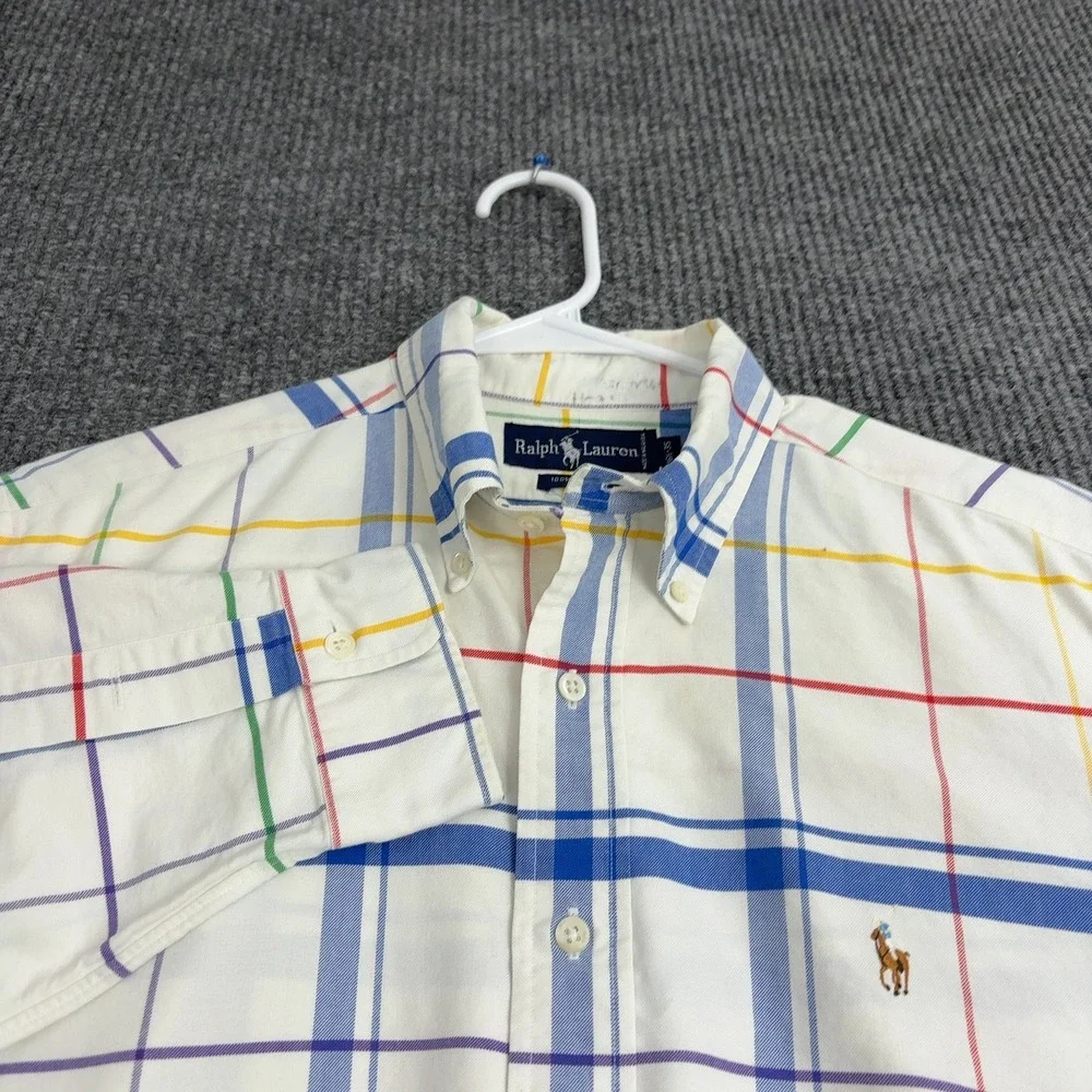 Ralph Lauren Button Down Shirt Mens 16.5‎ White Cotton Plaid Classic Preppy
